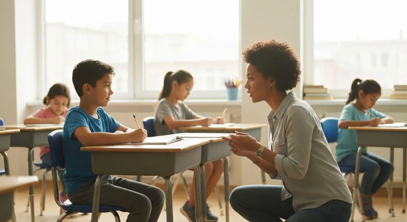 A teacher kneeling beside a pupil's desk for a quiet one-to-one conversation while the class works