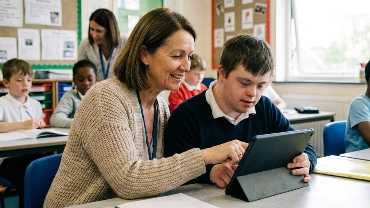 A teacher and pupil working side by side on a tablet in a mainstream classroom